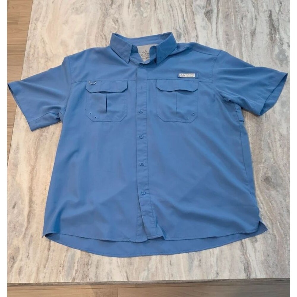 RealTree Fishing Blue Short Sleeve Button-Up Fishing Shirt